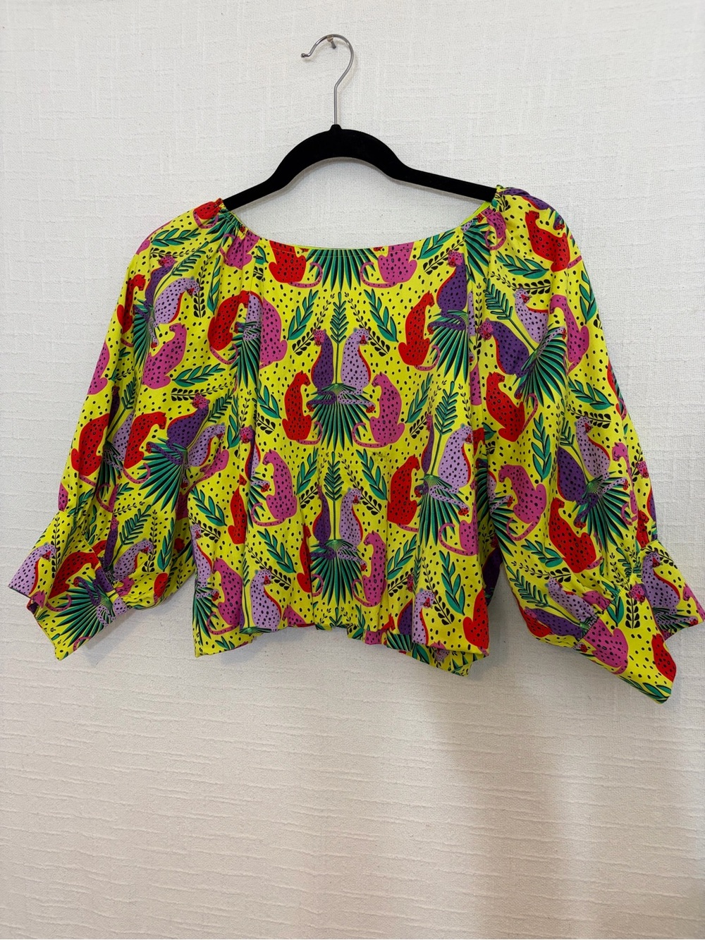 Emily McCarthy Yellow Multicolor Floral Square Neck Cropped Puff Sleeve Blouse S
